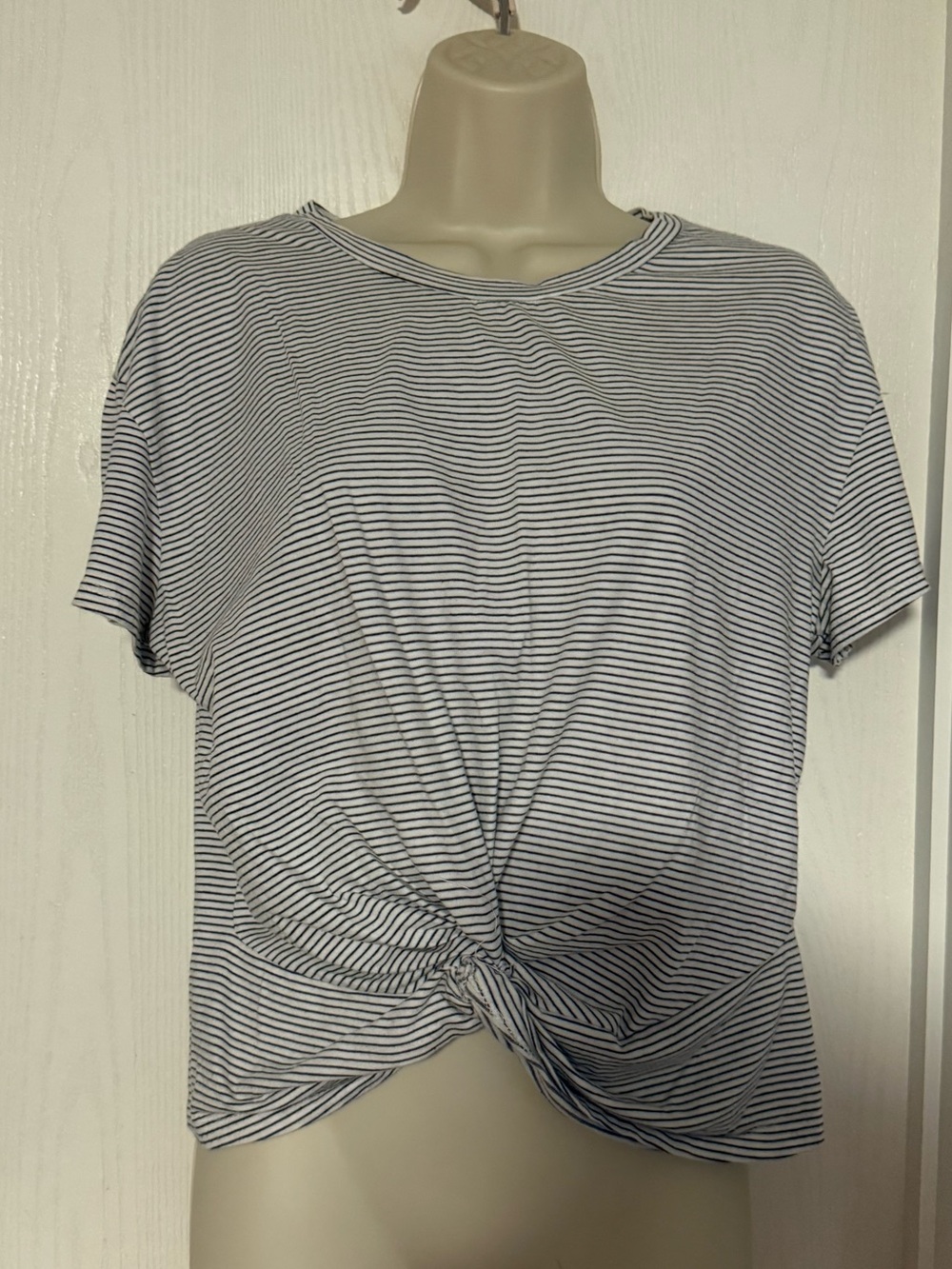 Lush White and black Striped Tie-Front Short Sleeve Top